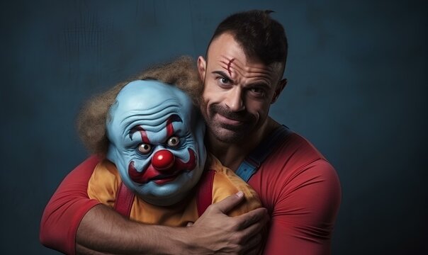 close up handsome man huging by clown isolated background copy space