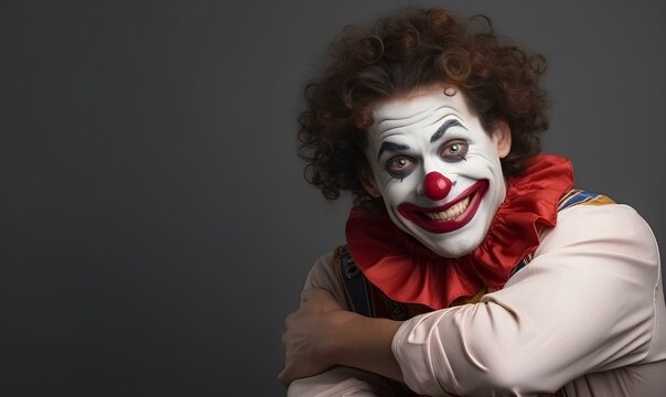 close up handsome man huging by clown isolated background copy space