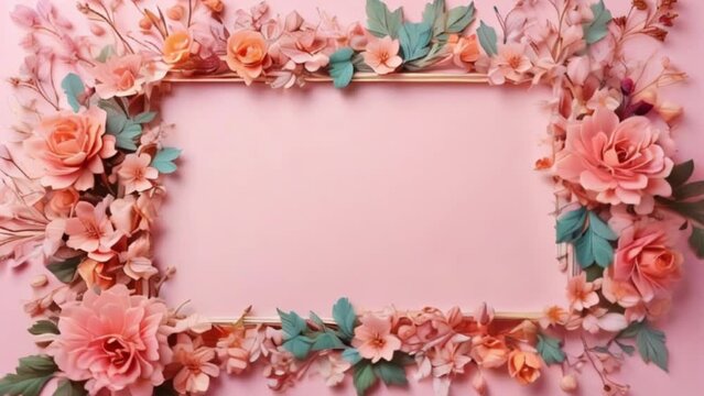 Colorful floral frame on light pink background, motion