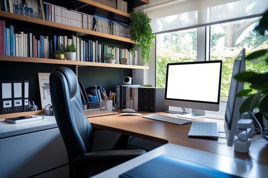 A cozy home office set up with a computer on a desk, bookshelves filled with books, and natural light from a window.
