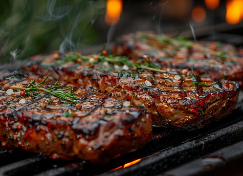 Porterhouse beef barbecue grilling and smoking a piece of meat.
