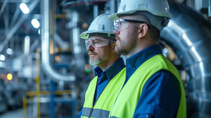 Two focused industrial supervisors wearing safety gear observe operations within a bustling, high-tech manufacturing plant, highlighting workplace safety and management.