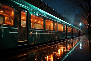 Obraz premium carriages of a modern train on a platform in a stadium at night.