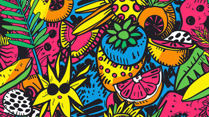 Vibrant tropical pattern with bold flowers and fruits illustration, ideal for summer fashion, beachwear, and festive textile design.