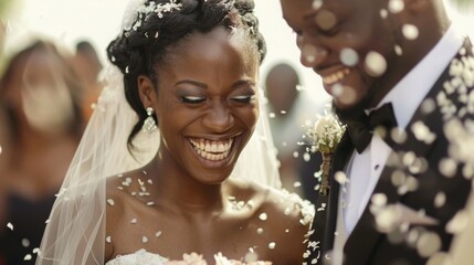 Joyful African American Wedding Couple with Confetti