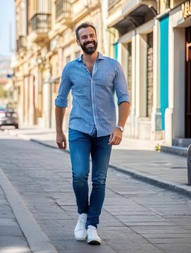 Young Caucasian man walking down a cobblestone street wearing a light shirt with long pants.