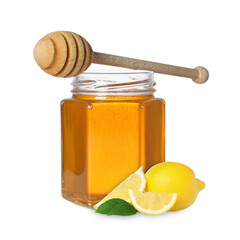 Honey in glass jar, dipper and lemon isolated on white