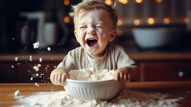 A cheerful little boy with a big bowl of flour. Encouraging early exploration and creativity. Generative AI. - Powered by Adobe