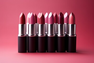 Fototapeta premium Very nice and quality lipsticks lined up on a pink background 