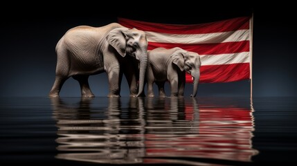 Group of Elephants Standing in Front of American Flag - obrazy, fototapety, plakaty