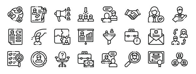 set of 24 outline web recruitment icons such as candidates, contract, recruitment, selection, job interview, cooperate, selected vector icons for report, presentation, diagram, web design, mobile