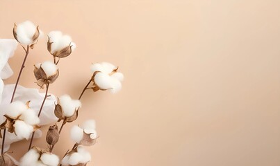 Dried fluffy cotton flower branch on black background copy space