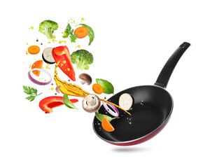 Different vegetables, oil, frying pan in air on white background