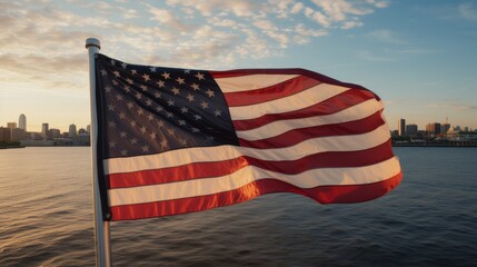 American Flag Flying Over Water