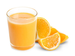 Fresh orange juice in glass and juicy citrus fruit isolated on white