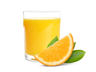 Fresh orange juice in glass and juicy citrus fruit isolated on white