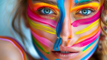 Close-up, Pretty face of a beautiful woman with multi colors vivid makeup on minimal background