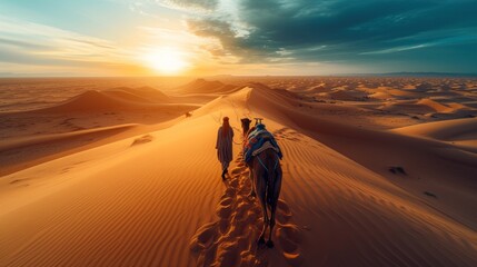 A traveller man alone with her camel in the desert