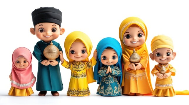 Cute cartoon muslim family 3D render isolated  on white background