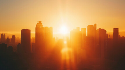 The clear sky radiating behind the outline of city buildings during sunrise.