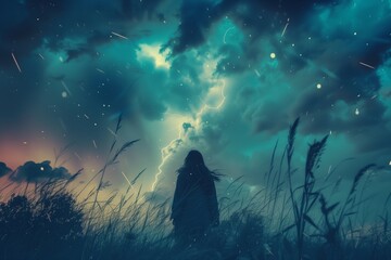 a woman looks up at lighting and storm clouds - Powered by Adobe