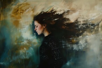 painting of a woman surrounded by chaotic thoughts
