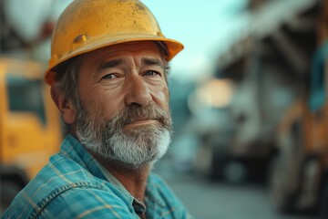 Construction Worker Wearing Hard Hat and Blue Shirt