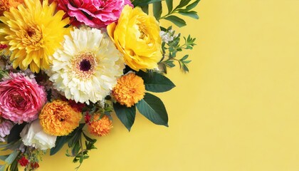 Floral banner, cover or header with vintage bouquets from corner. Yellow peony, gerbera, roses isolated on pastel yellow background.