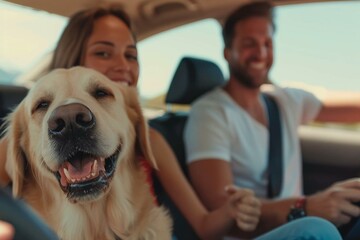 Couple with a dog driving a car on a roadtrip