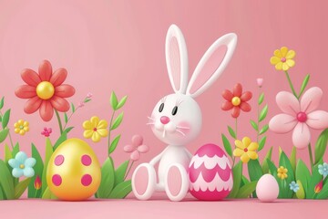 Obraz premium Happy Easter Eggs Basket Message field. Bunny in flower easter red cosmos decoration Garden. Cute hare 3d bunny dance easter rabbit spring illustration. Holy week Orchid card wallpaper plush pillow