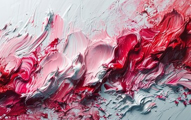 Close-up abstract painting combines pink and white in an impasto style