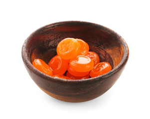 Bowl with pills for sore throat on white background