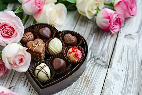heart shaped chocolates and roses