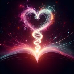 Silhouette of a heart nestled in a book, cosmic translucent.

