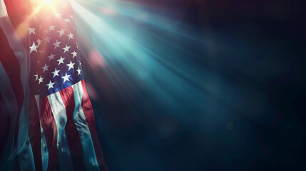 US Independence Day youtube background with light beaming from behind the flag. It has a clear copy space placed on the right. - obrazy, fototapety, plakaty