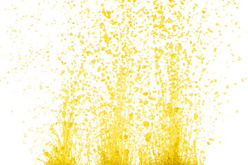 Yellow liquid flying explosion, pigment corn banana juice fresh float pour in mid air. Yellow paint color splash spill drop abstract. White background Isolated high speed shutter, throwing freeze stop