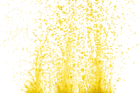 Yellow liquid flying explosion, pigment corn banana juice fresh float pour in mid air. Yellow paint color splash spill drop abstract. White background Isolated high speed shutter, throwing freeze stop