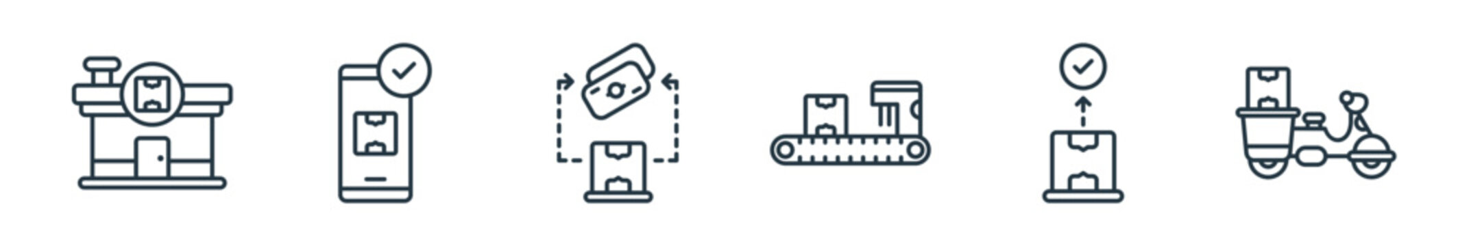 outline set of shipping and delivery line icons. linear vector icons such as warehouse, smartphone, cash on delivery, conveyor belt, package, delivery bike. vector illustration.