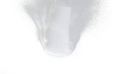 White Boxing glove hit sand and explode. Boxer glove impact white glitter sand splash as exercise...