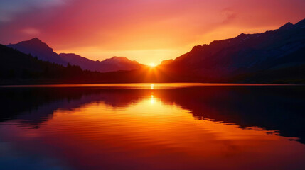 A serene lake mirrors the silhouette of a mountain range as the sun sets behind them in a blaze of vibrant colors.