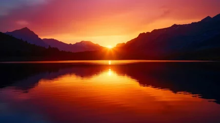 Foto op Plexiglas A serene lake mirrors the silhouette of a mountain range as the sun sets behind them in a blaze of vibrant colors. © Justlight