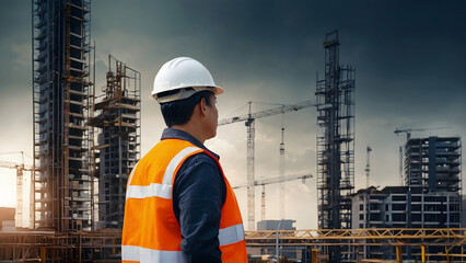 Portrait of engineer looking a building site and safety helmed,industry background construstion engineer concept.
