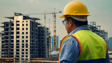 Portrait of engineer looking a building site and safety helmed,industry background construstion engineer concept.