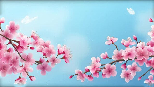 pink flowers with blue sky background. spring cherry blossom horizontal banner. seamless looping overlay 4k virtual video animation background 