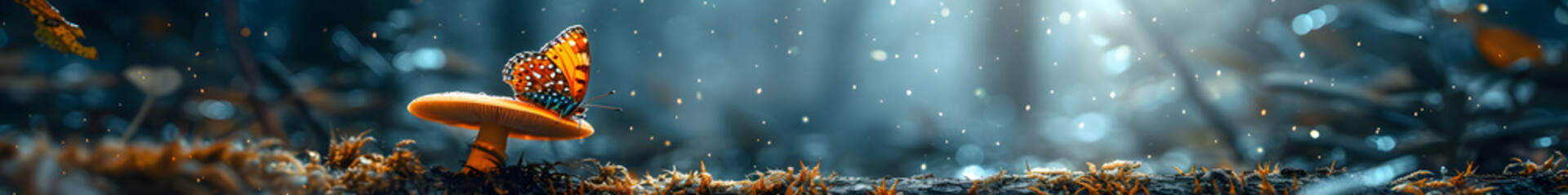 panorama of mushrooms with butterflies on forest landscape background for web banner