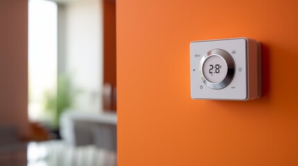 Digital Thermostat. Digital Thermostat on wall. Adjusting and setting thermostat to save energy. - obrazy, fototapety, plakaty