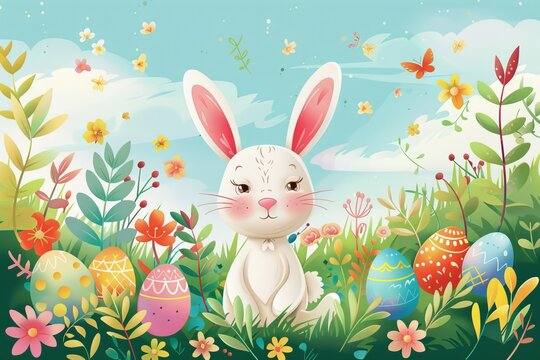 Happy Easter Eggs Basket mothers day card. Bunny in flower easter Luminous decoration Garden. Cute hare 3d church easter rabbit spring illustration. Holy week Bright card wallpaper product rendering