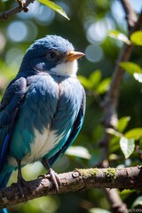 little blue bird on tree branch staring