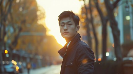 Fototapeta premium Portrait of a young Asian man in an urban setting at dusk