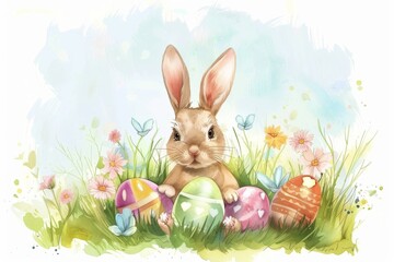 Happy Easter Eggs Basket calligraphed. Bunny in flower easter plush incentive decoration Garden. Cute hare 3d festooned easter rabbit spring illustration. Holy week camping card wallpaper reparation